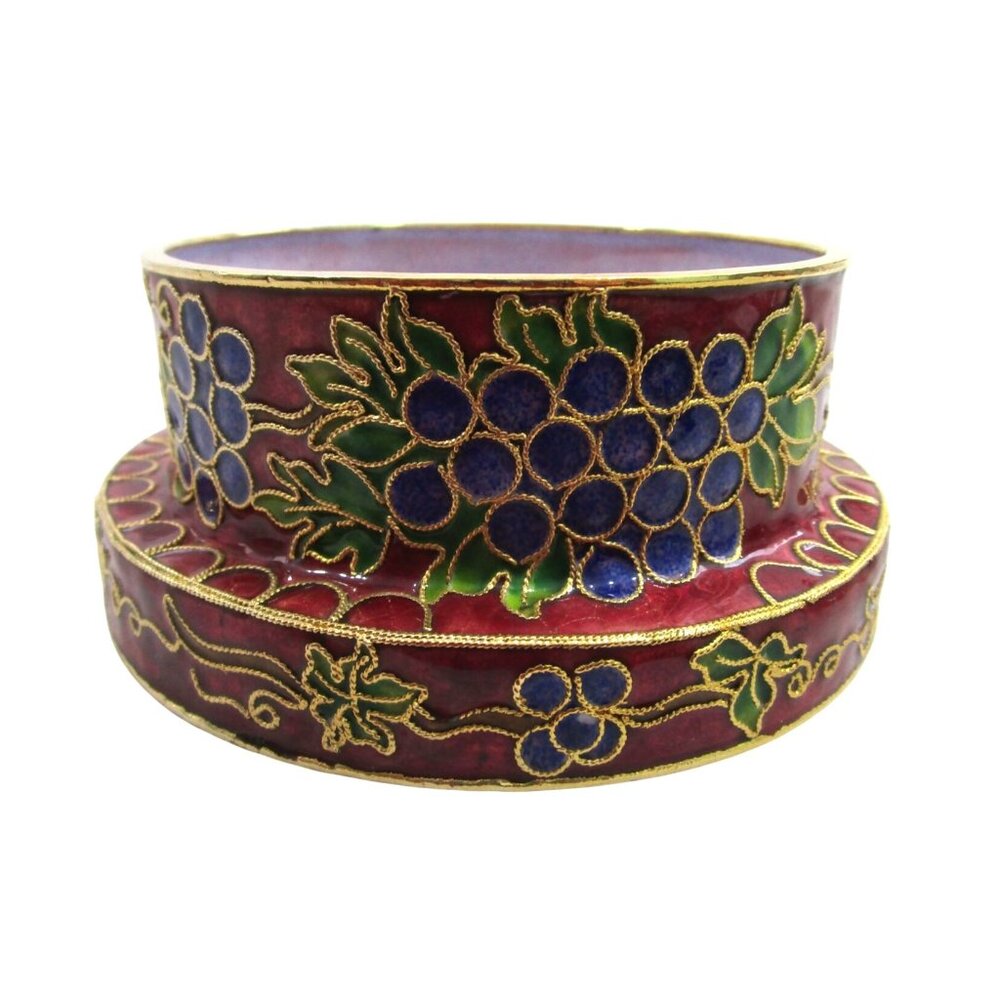 Vintage Decorative Cloisonne Wine Coaster With Grape Vine Motif GUC Red Brass
